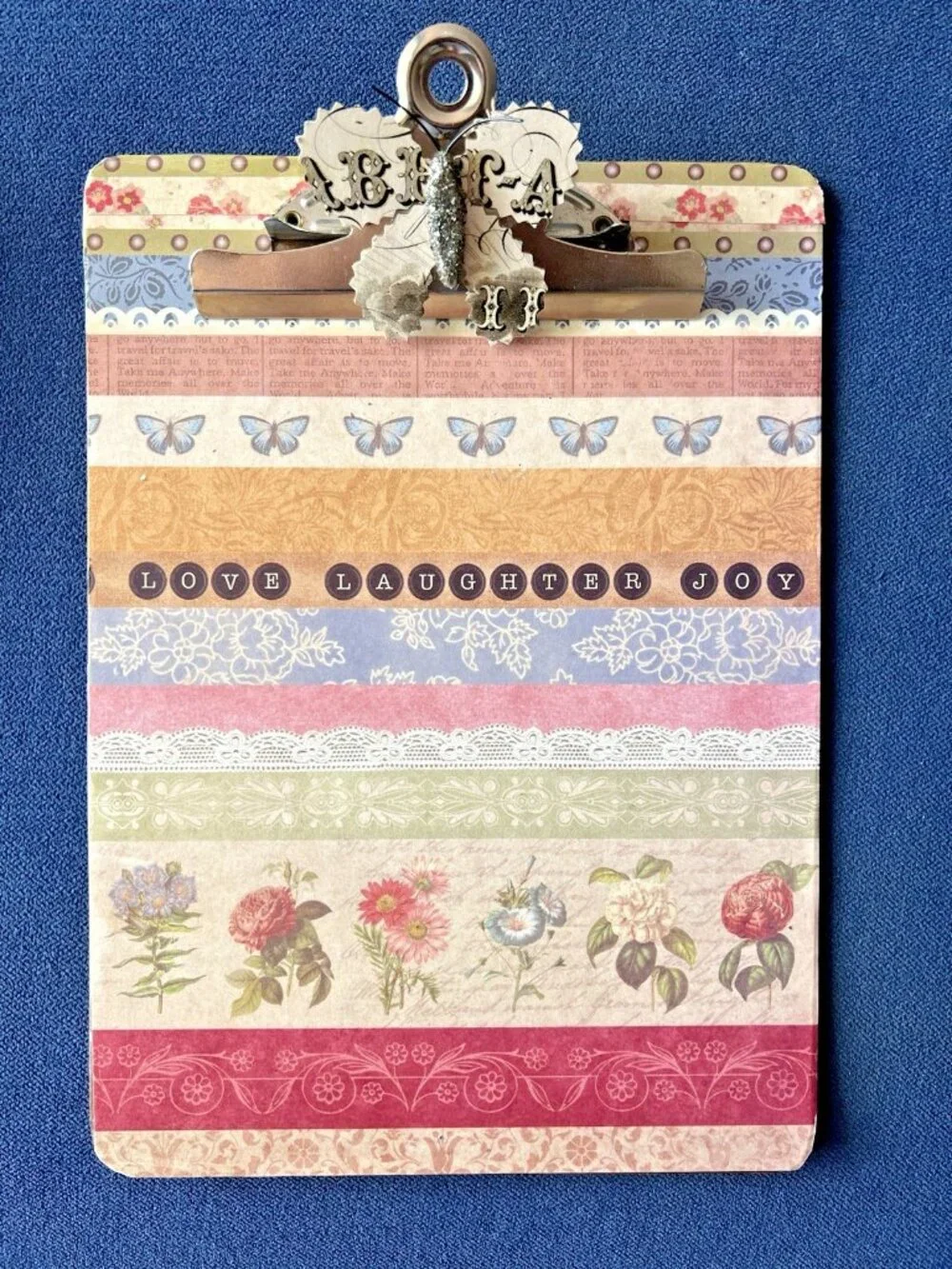 Handcrafted CLIPBOARD Upcycled Decopage Butterfly LOVE LAUGHER JOY 12 x 9